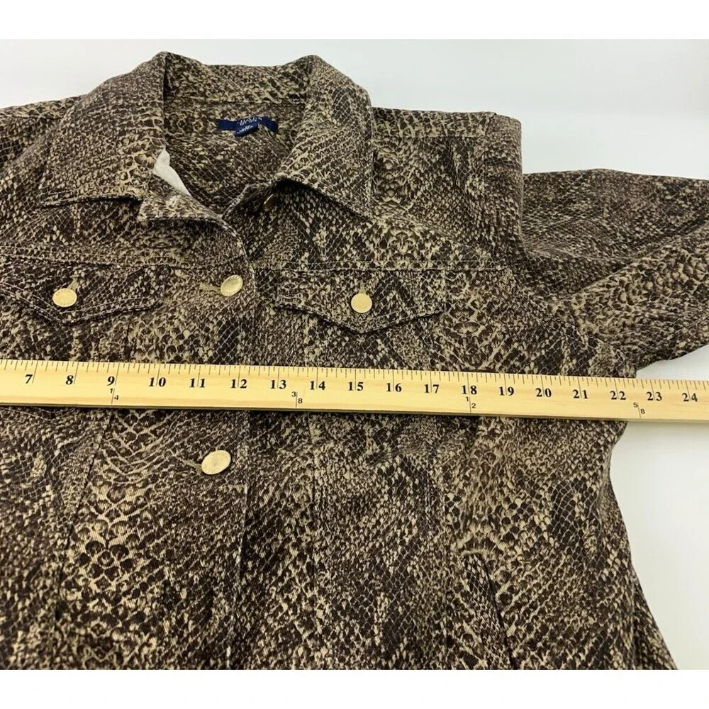 Chaps Snakeskin Python Denim Jacket Brown Button Stretch Flap‎ Pockets Womens 1X